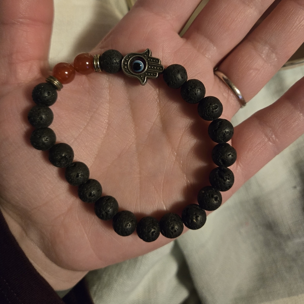 Black Beaded Bracelet with Hamsa Charm